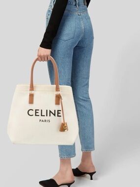 Celine Cream Canvas Tote with Tan Leather Handles